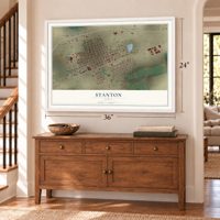 Stanton, Texas map, 24 x 36 inch print in a white frame above a dresser by a staircase