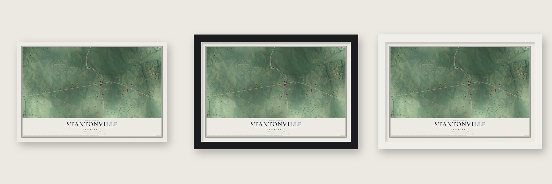 Stantonville, Tennessee map unframed, in a black wood frame and in a white wood frame