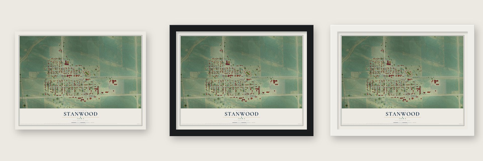 Stanwood, Iowa map unframed, in a black wood frame and in a white wood frame