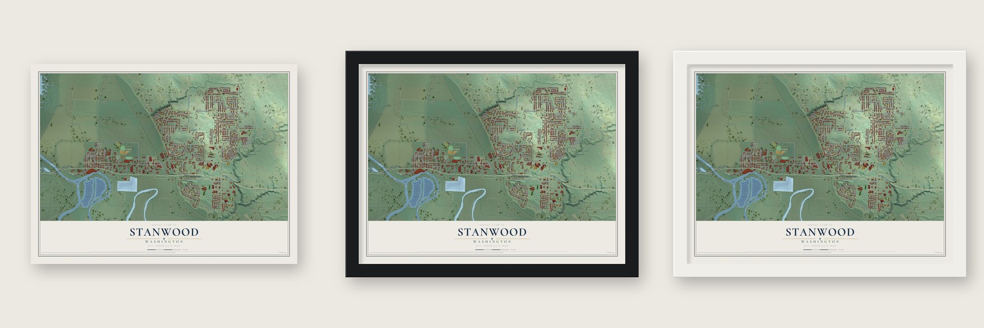 Stanwood, Washington map unframed, in a black wood frame and in a white wood frame