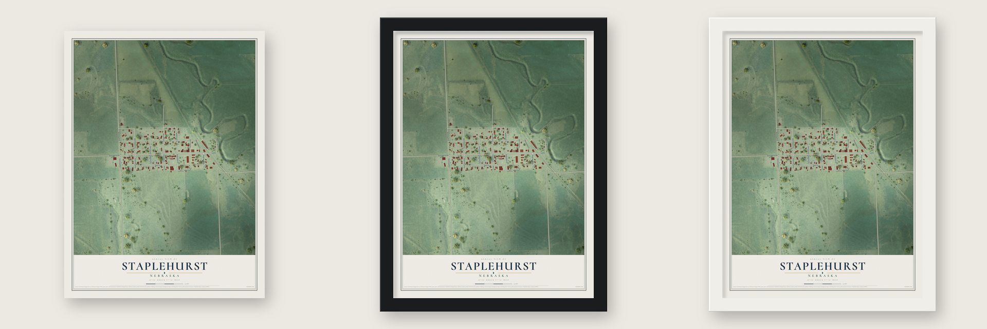 Staplehurst, Nebraska map unframed, in a black wood frame and in a white wood frame