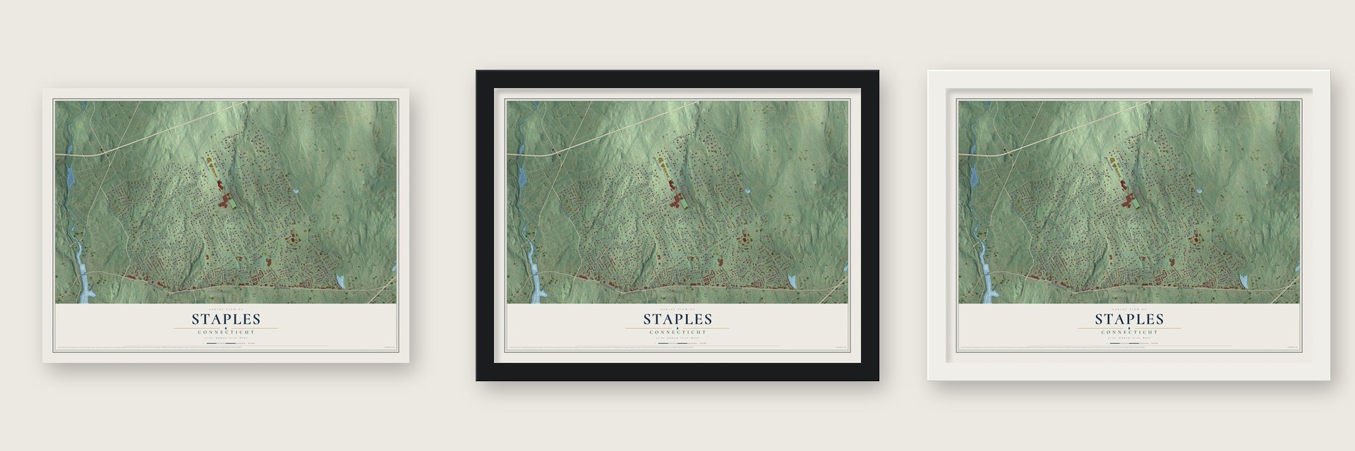 Staples, Connecticut map unframed, in a black wood frame and in a white wood frame