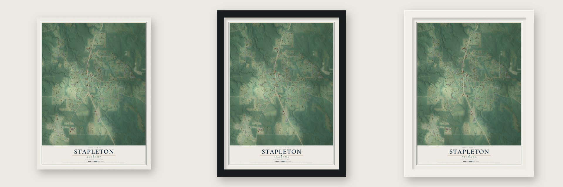 Stapleton, Alabama map unframed, in a black wood frame and in a white wood frame