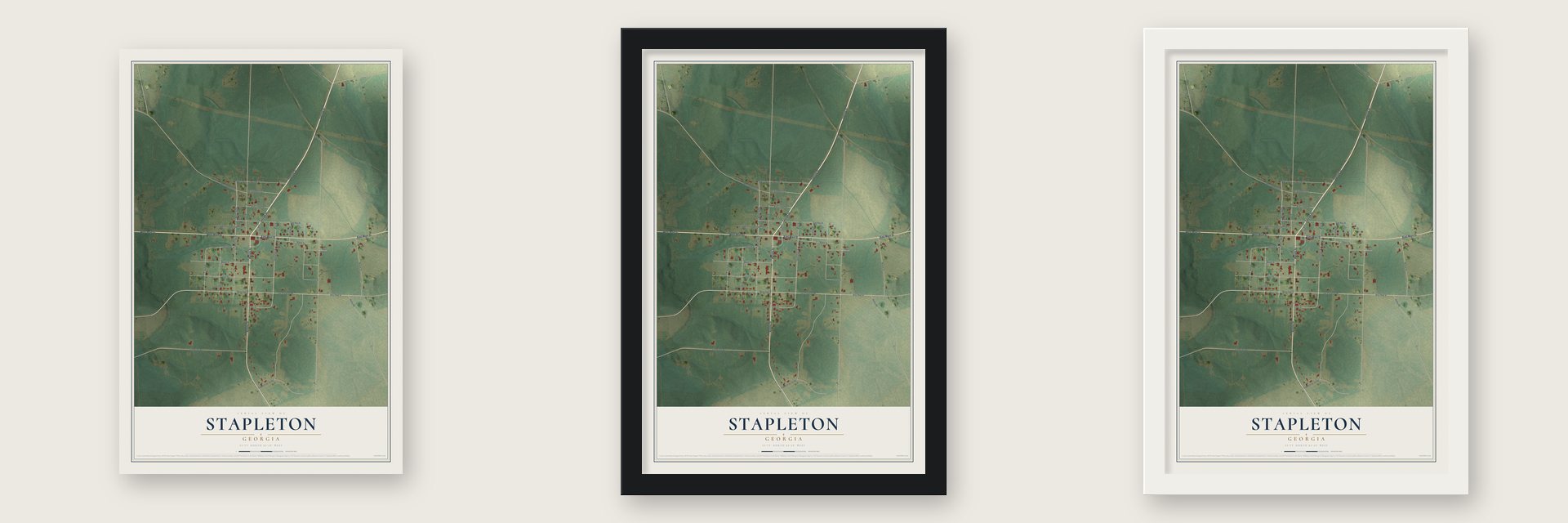 Stapleton, Georgia map unframed, in a black wood frame and in a white wood frame