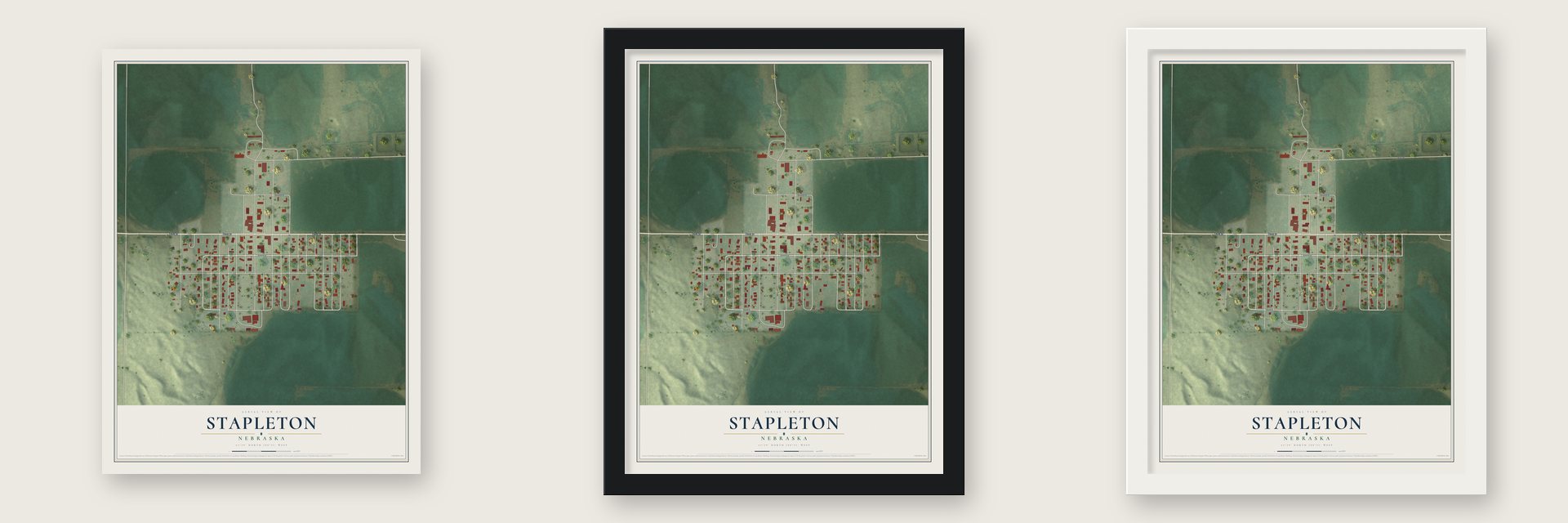 Stapleton, Nebraska map unframed, in a black wood frame and in a white wood frame