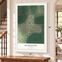 Stapleton, Nebraska map, 24 x 36 inch print in a white frame by a staircase