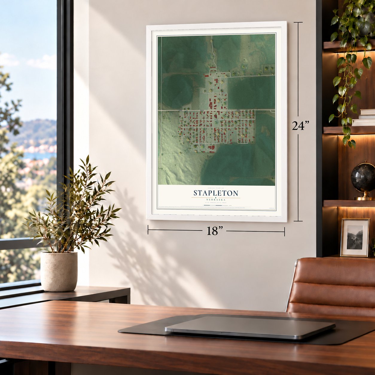 Stapleton, Nebraska map, 18 x 24 inch print in a white frame in a home office