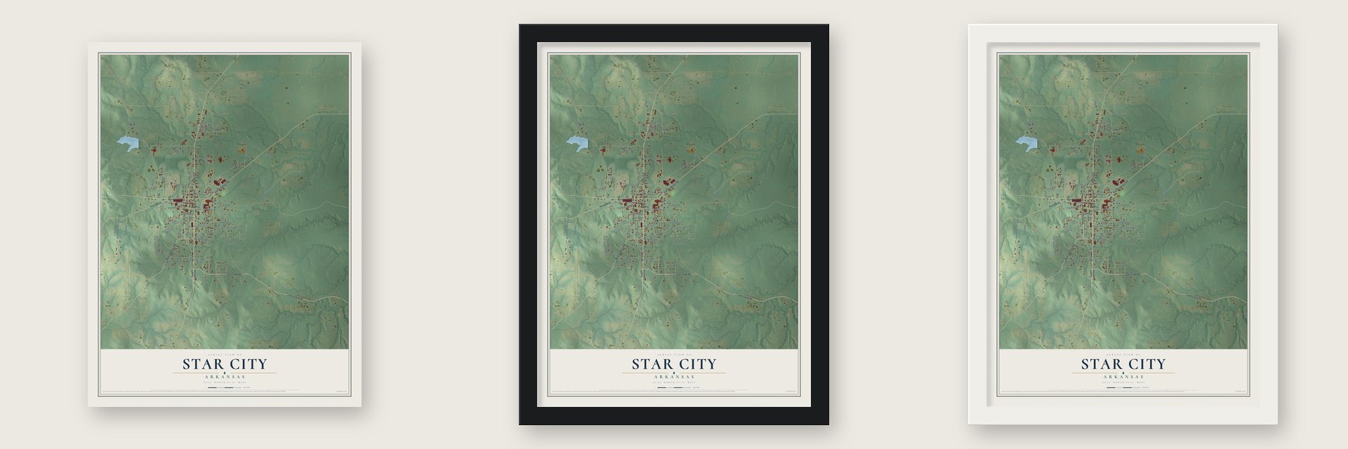 Star City, Arkansas map unframed, in a black wood frame and in a white wood frame
