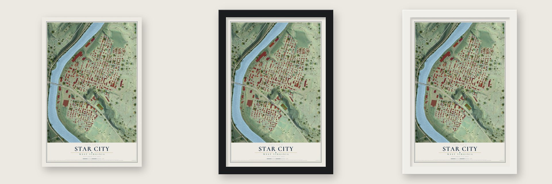 Star City, West Virginia map unframed, in a black wood frame and in a white wood frame