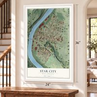 Star City, West Virginia map, 24 x 36 inch print in a white frame by a staircase