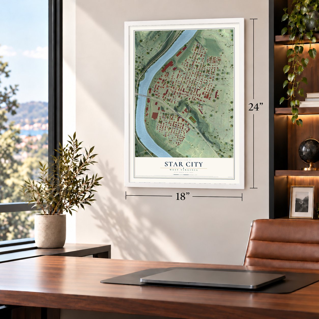 Star City, West Virginia map, 18 x 24 inch print in a white frame in a home office