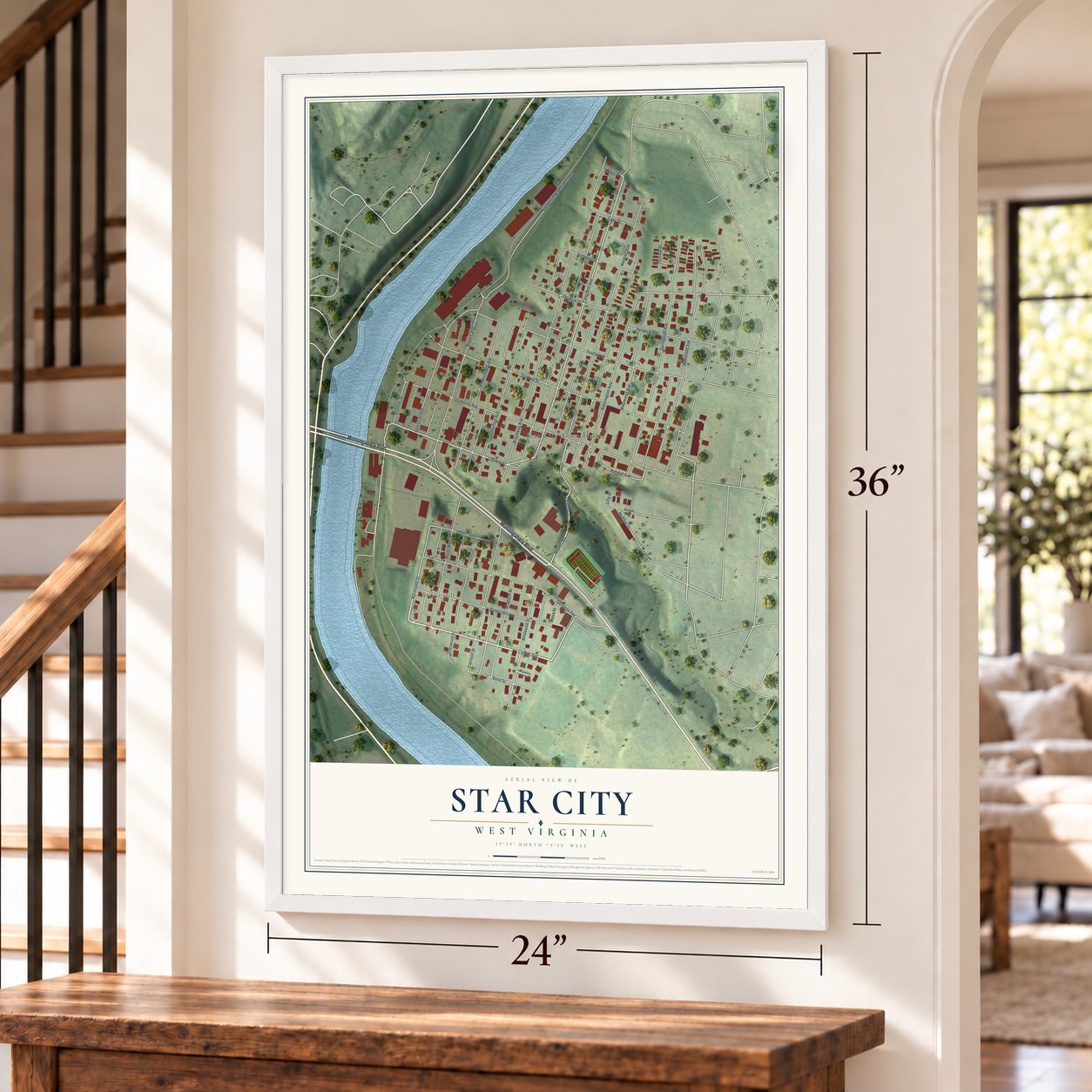 Star City, West Virginia map, 24 x 36 inch print in a white frame by a staircase