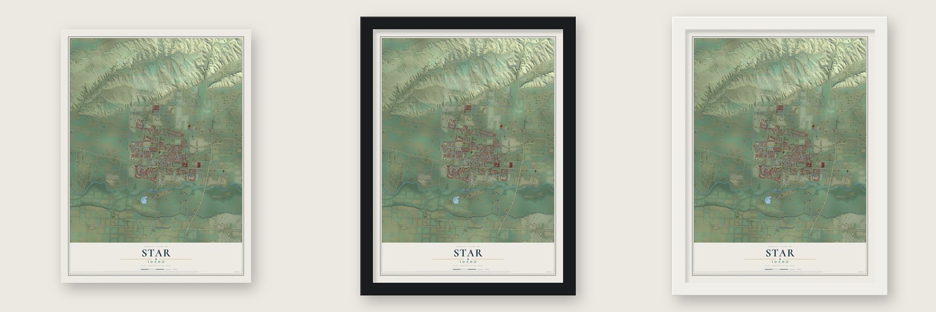 Star, Idaho map unframed, in a black wood frame and in a white wood frame