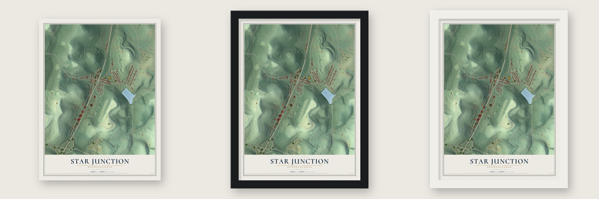 Star Junction, Pennsylvania map unframed, in a black wood frame and in a white wood frame