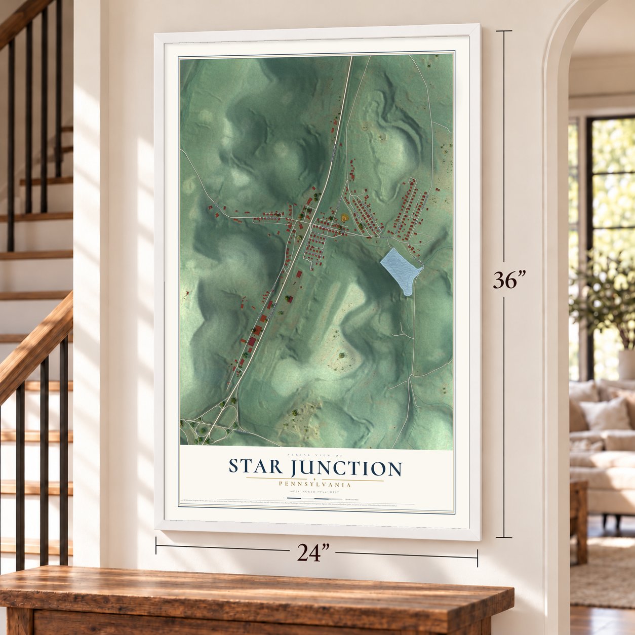 Star Junction, Pennsylvania map, 24 x 36 inch print in a white frame by a staircase