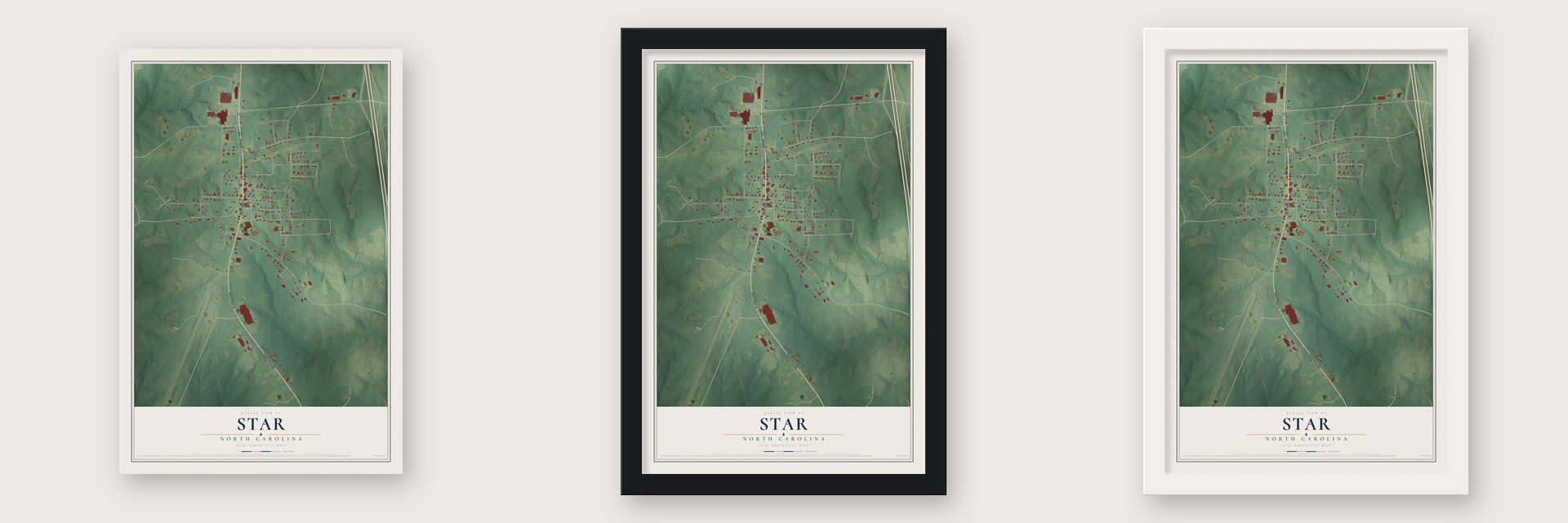 Star, North Carolina map unframed, in a black wood frame and in a white wood frame