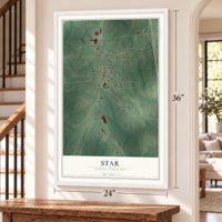 Star, North Carolina map, 24 x 36 inch print in a white frame by a staircase