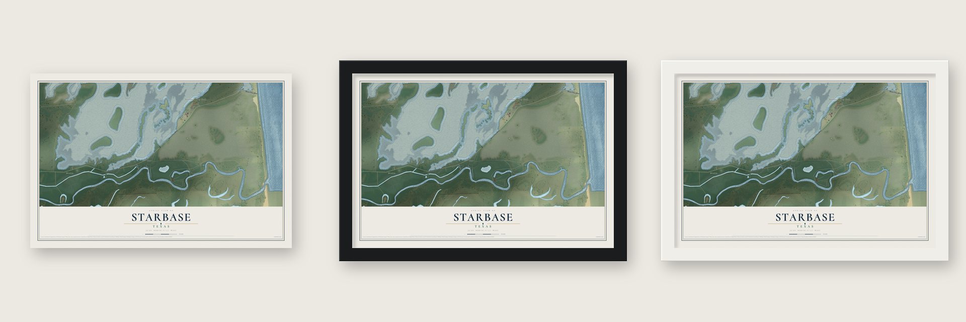 Starbase, Texas map unframed, in a black wood frame and in a white wood frame