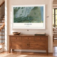 Starbase, Texas map, 24 x 36 inch print in a white frame above a dresser by a staircase
