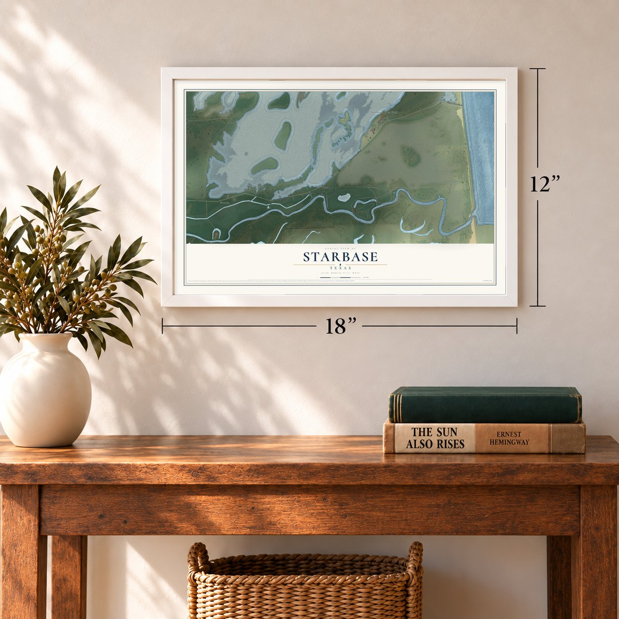 Starbase, Texas map, 12 x 18 inch print in a white frame in an entryway