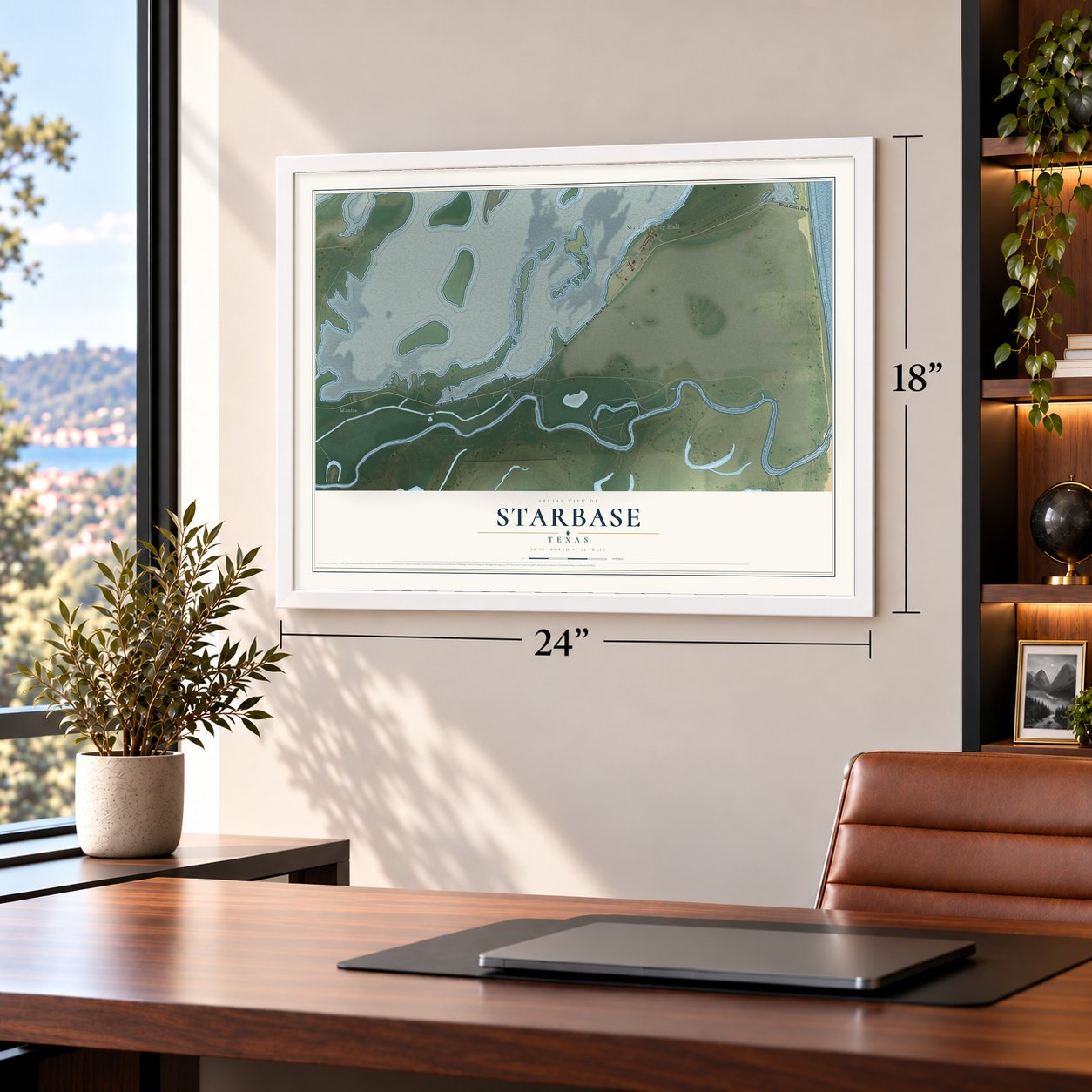 Starbase, Texas map, 18 x 24 inch print in a white frame in a home office