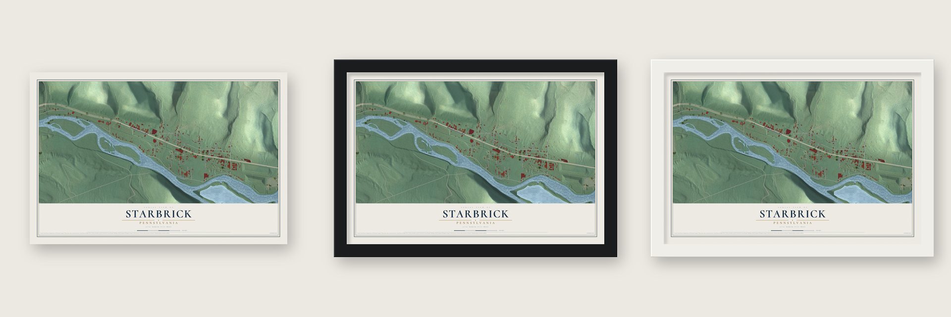 Starbrick, Pennsylvania map unframed, in a black wood frame and in a white wood frame