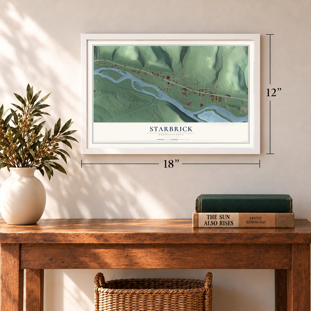 Starbrick, Pennsylvania map, 12 x 18 inch print in a white frame in an entryway