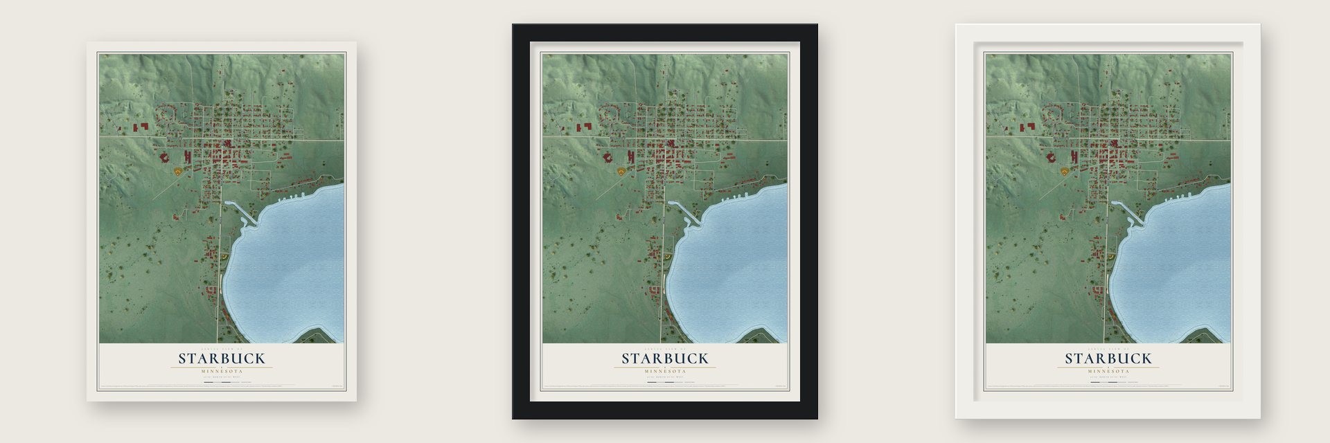 Starbuck, Minnesota map unframed, in a black wood frame and in a white wood frame