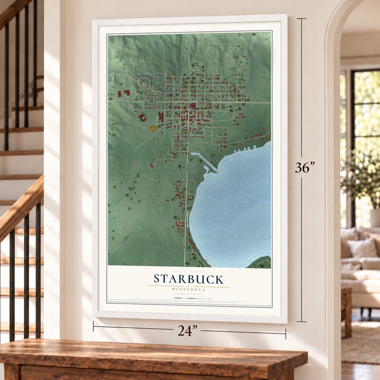 Starbuck, Minnesota map, 24 x 36 inch print in a white frame by a staircase