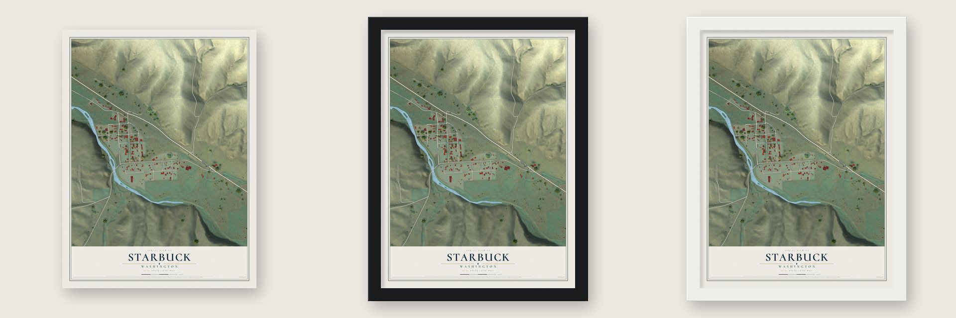 Starbuck, Washington map unframed, in a black wood frame and in a white wood frame