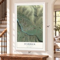 Starbuck, Washington map, 24 x 36 inch print in a white frame by a staircase