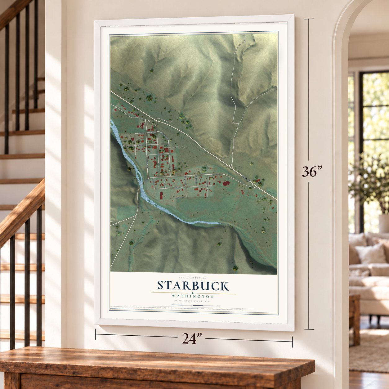 Starbuck, Washington map, 24 x 36 inch print in a white frame by a staircase