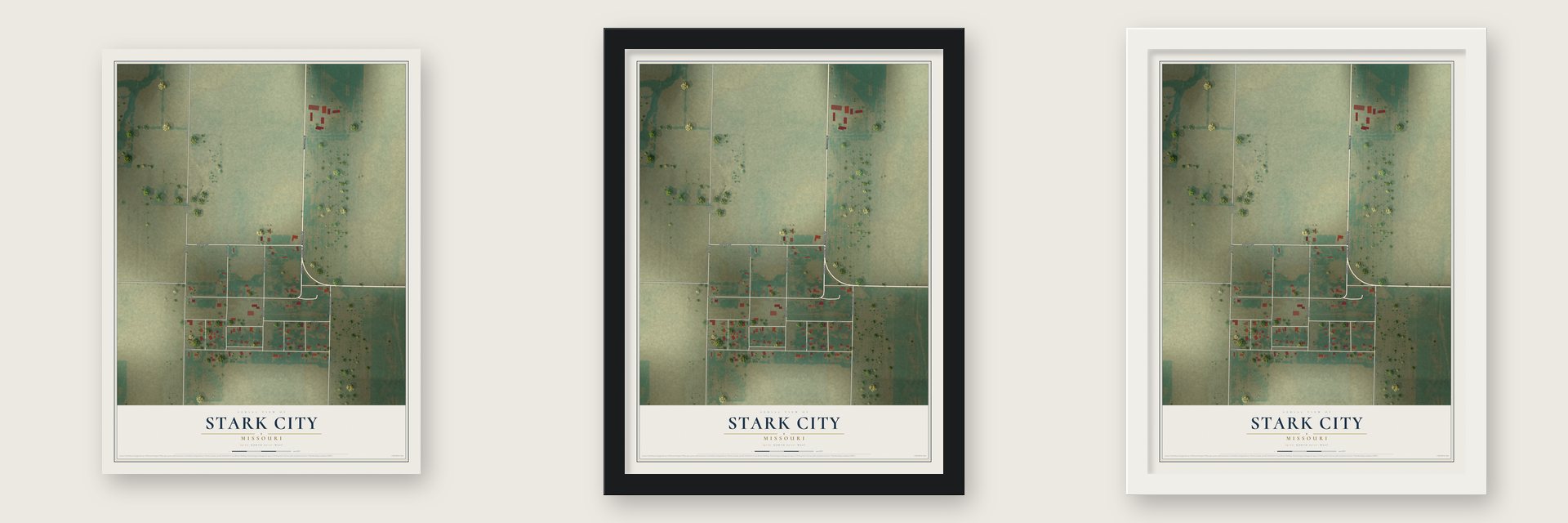 Stark City, Missouri map unframed, in a black wood frame and in a white wood frame