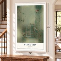 Stark City, Missouri map, 24 x 36 inch print in a white frame by a staircase