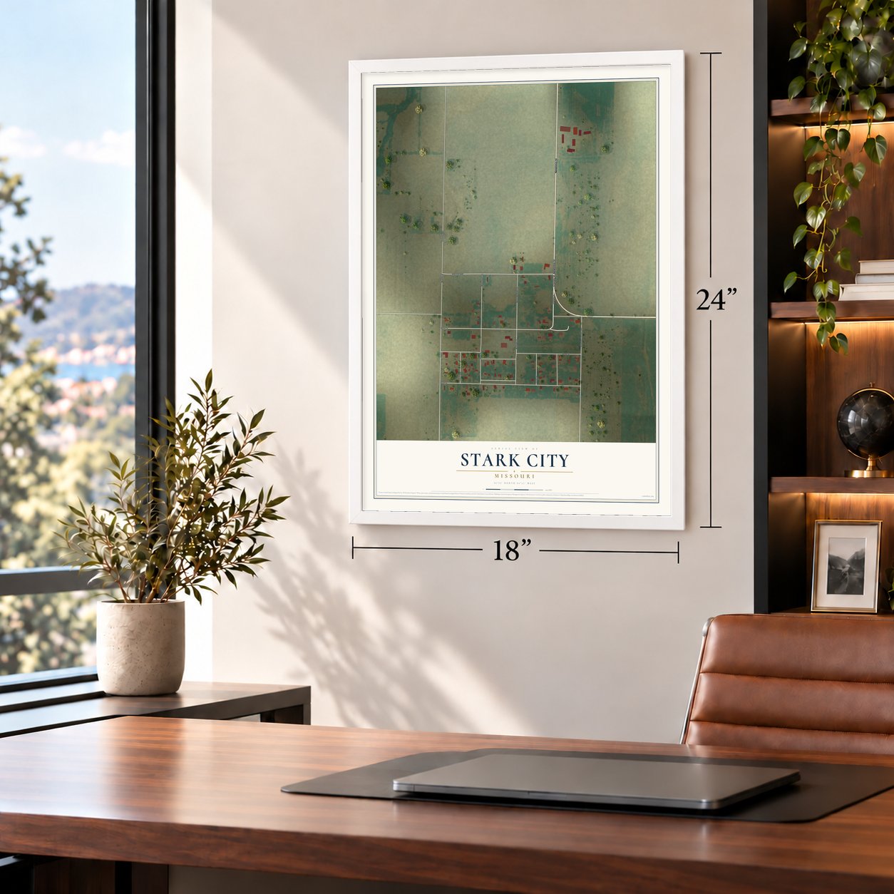 Stark City, Missouri map, 18 x 24 inch print in a white frame in a home office