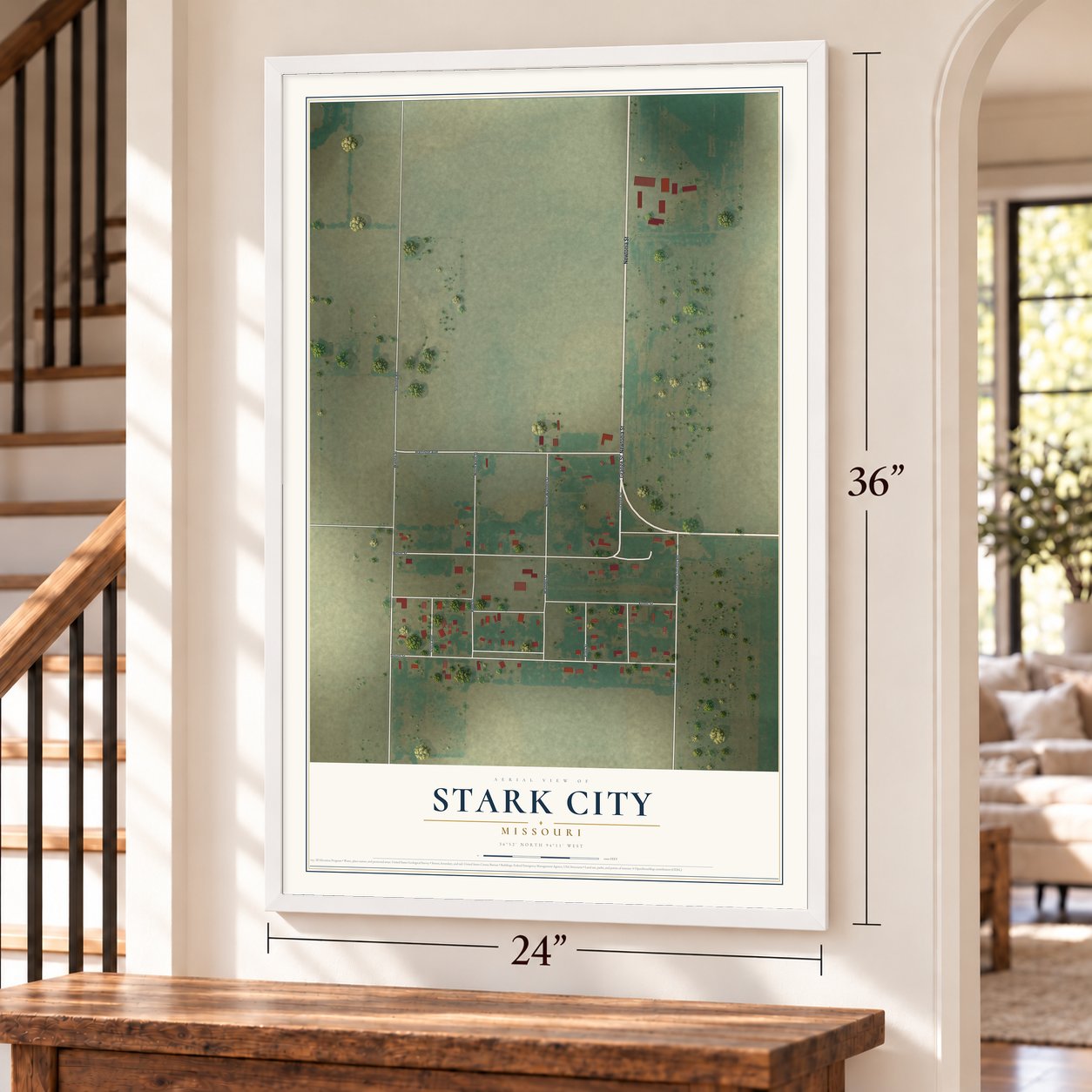 Stark City, Missouri map, 24 x 36 inch print in a white frame by a staircase