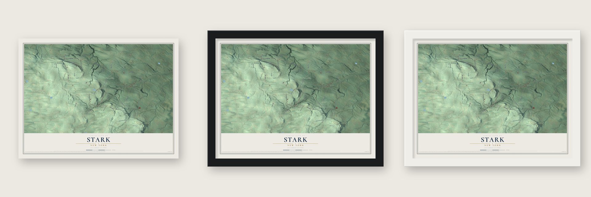 Stark, New York map unframed, in a black wood frame and in a white wood frame