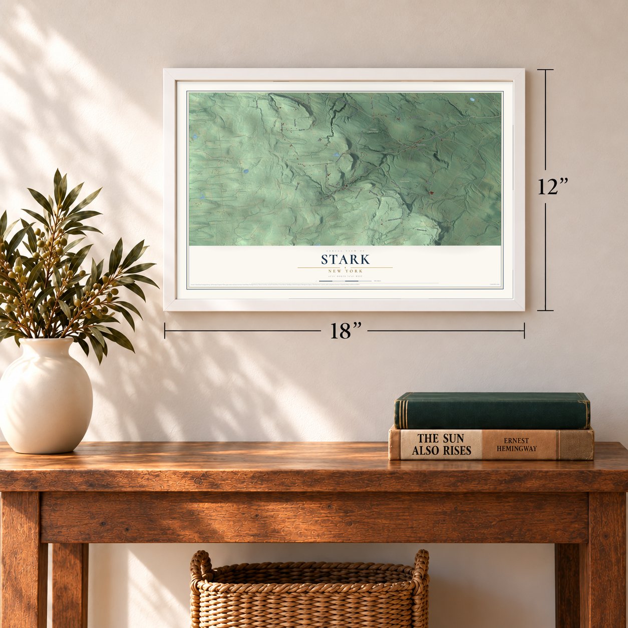 Stark, New York map, 12 x 18 inch print in a white frame in an entryway