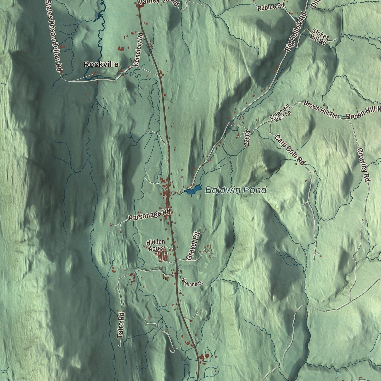 Close-up of the map of Starksboro, Vermont print showing terrain and local geography