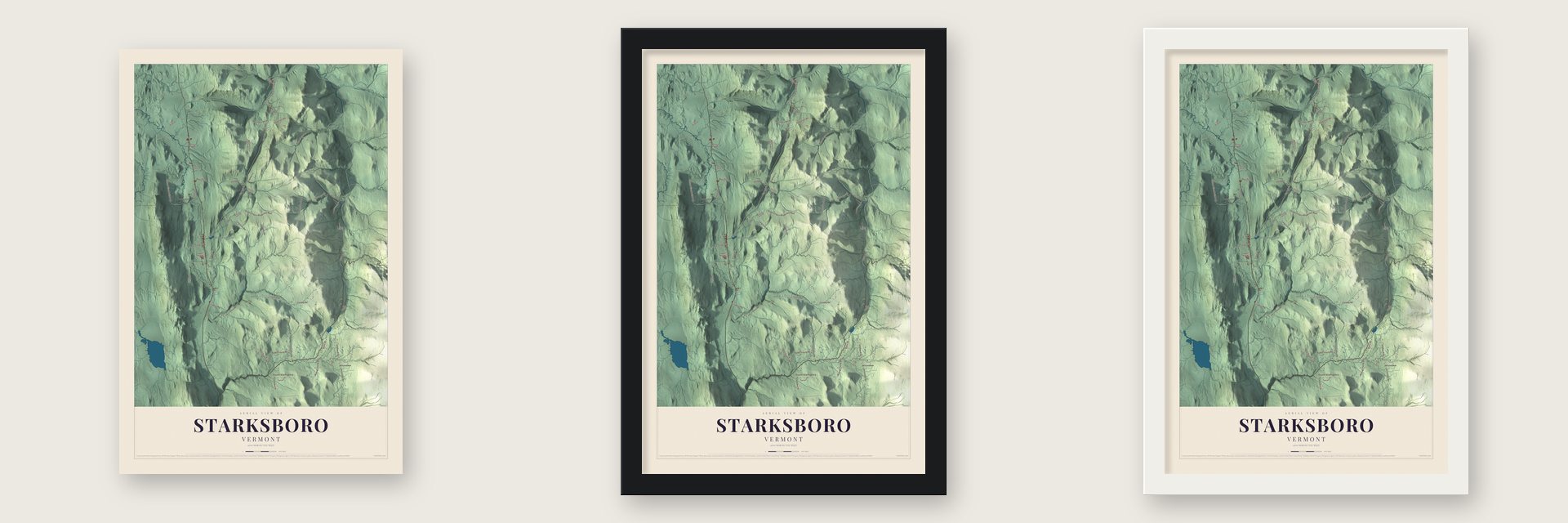 Starksboro, Vermont map unframed, in a black wood frame and in a white wood frame