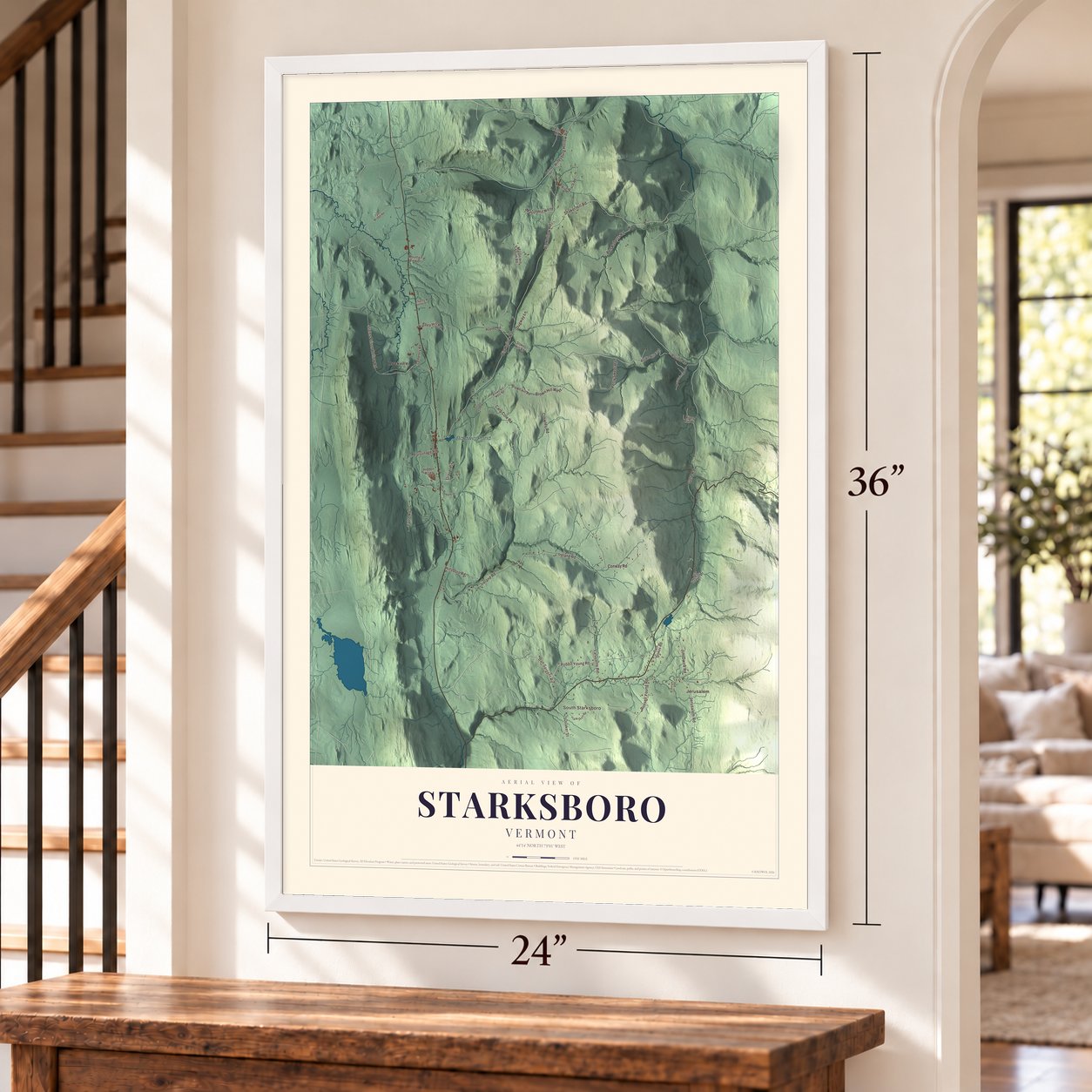 Starksboro, Vermont map, 24 x 36 inch print in a white frame by a staircase