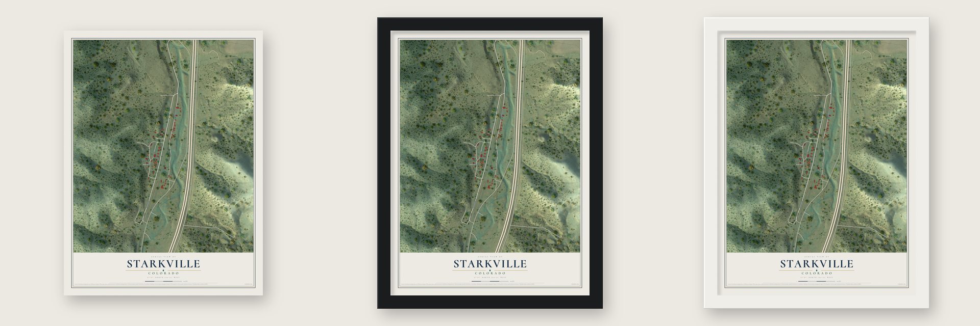Starkville, Colorado map unframed, in a black wood frame and in a white wood frame