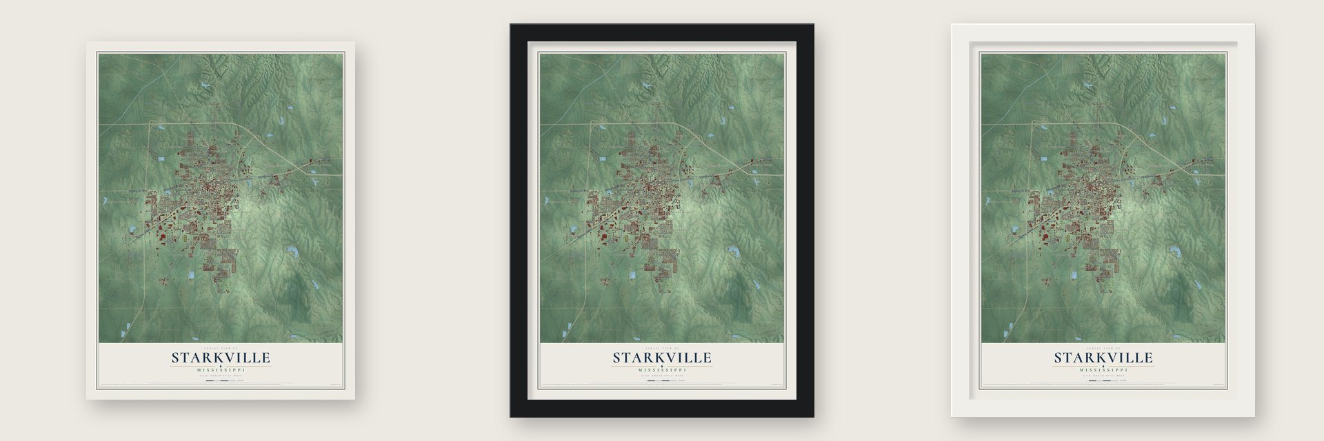 Starkville, Mississippi map unframed, in a black wood frame and in a white wood frame