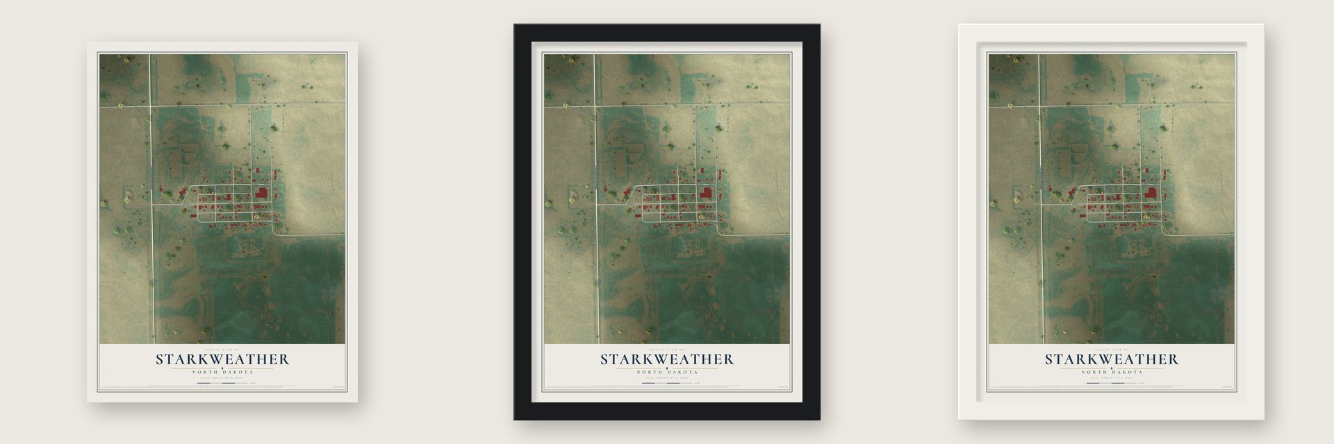 Starkweather, North Dakota map unframed, in a black wood frame and in a white wood frame