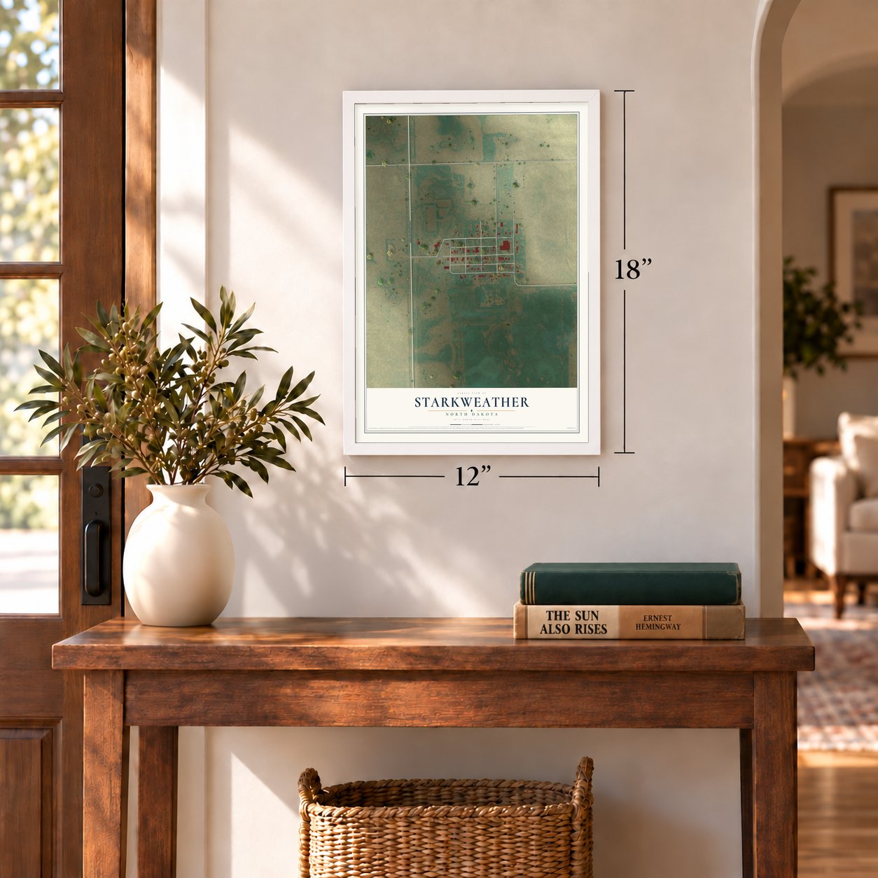 Starkweather, North Dakota map, 12 x 18 inch print in a white frame in an entryway