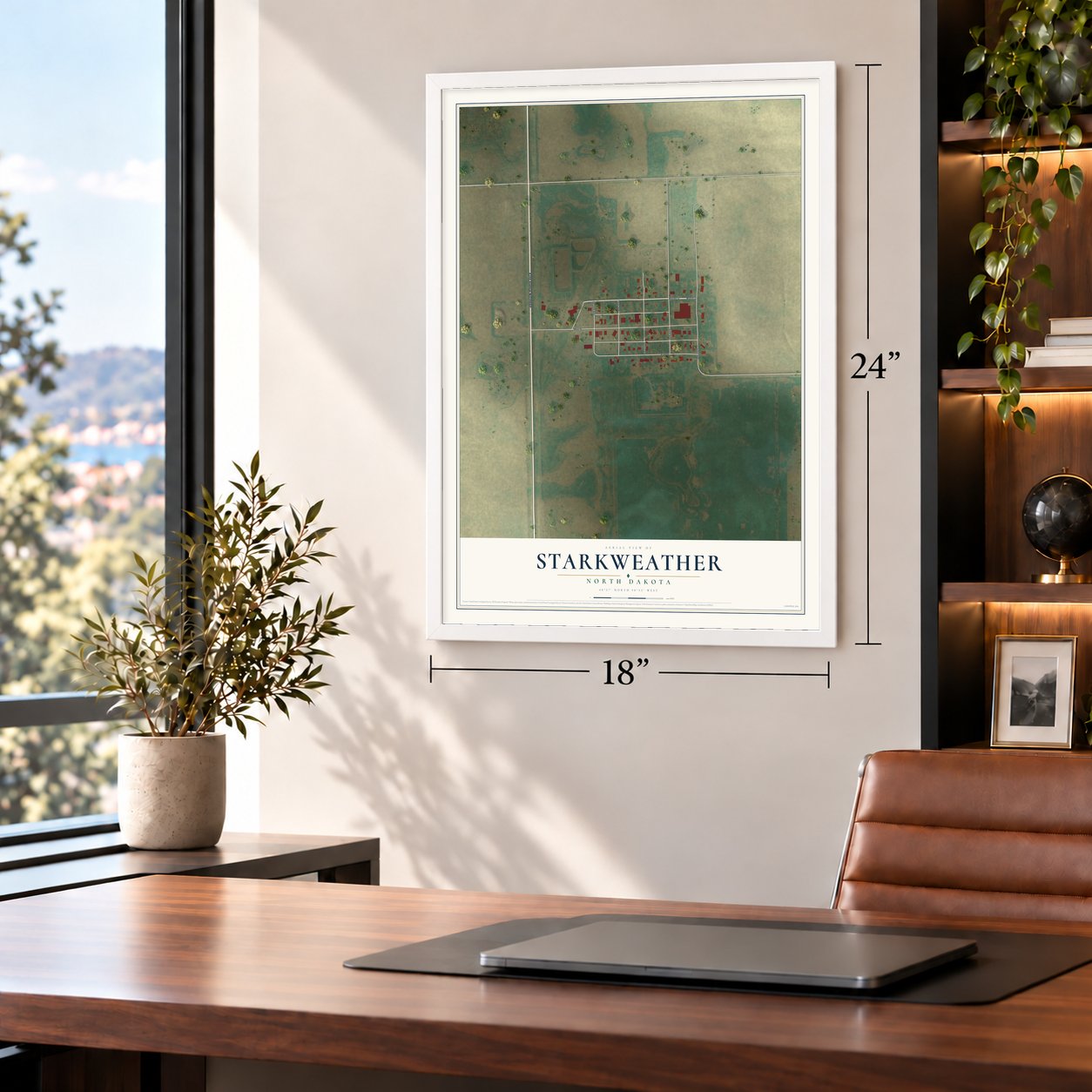 Starkweather, North Dakota map, 18 x 24 inch print in a white frame in a home office