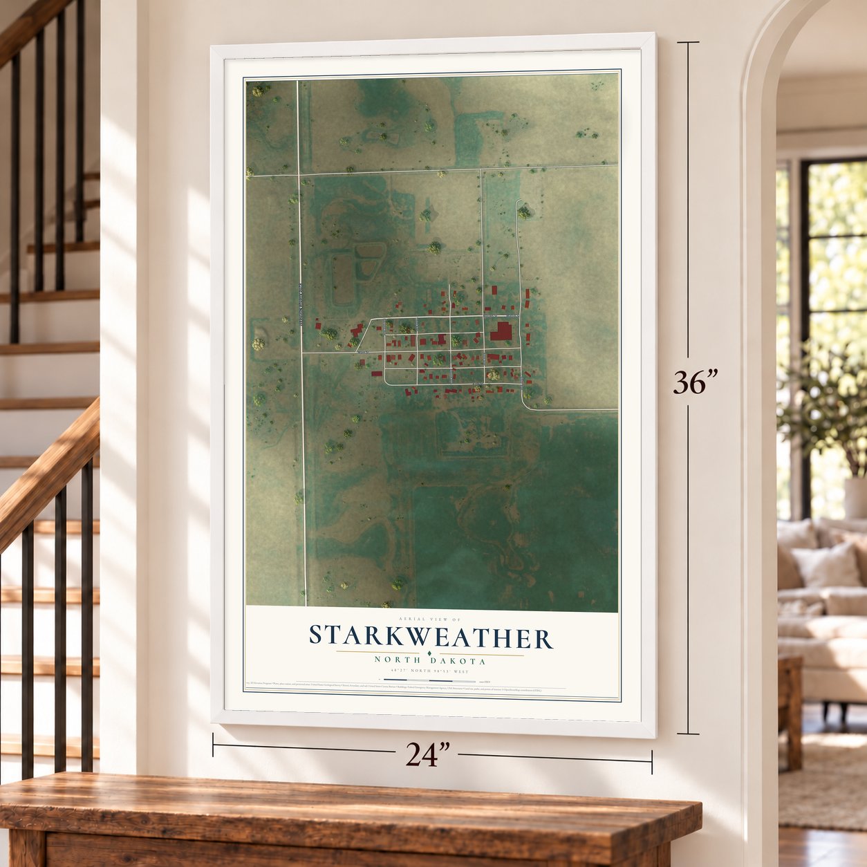 Starkweather, North Dakota map, 24 x 36 inch print in a white frame by a staircase