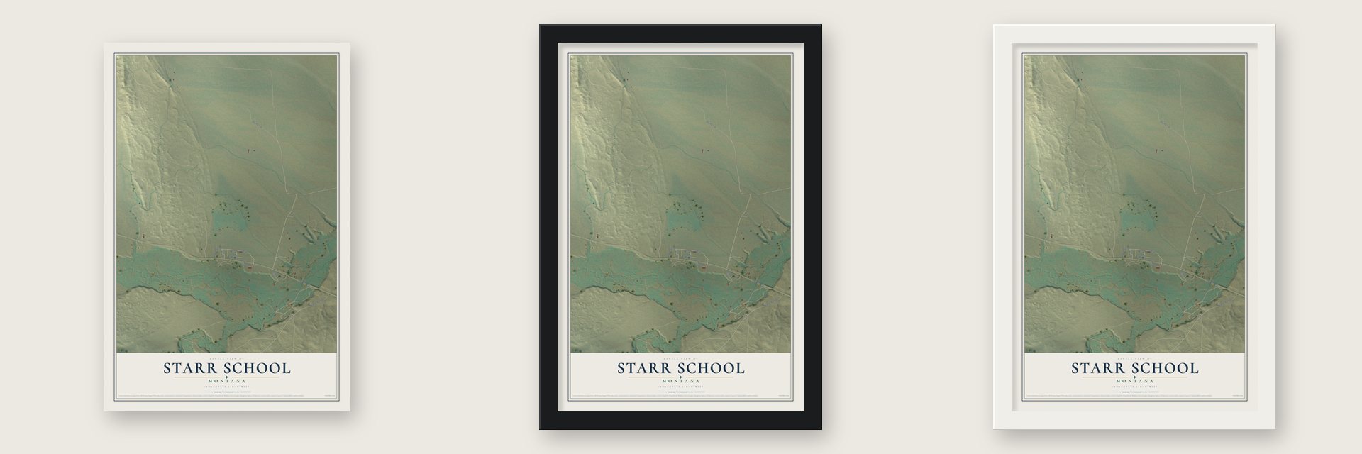 Starr School, Montana map unframed, in a black wood frame and in a white wood frame