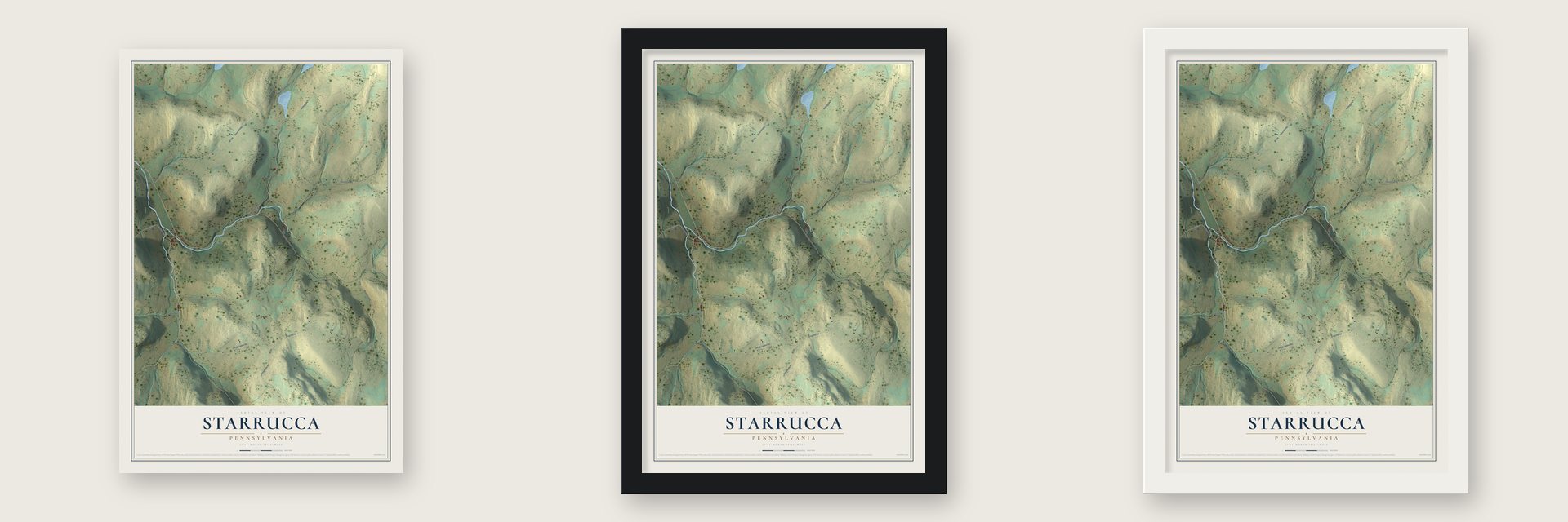 Starrucca, Pennsylvania map unframed, in a black wood frame and in a white wood frame