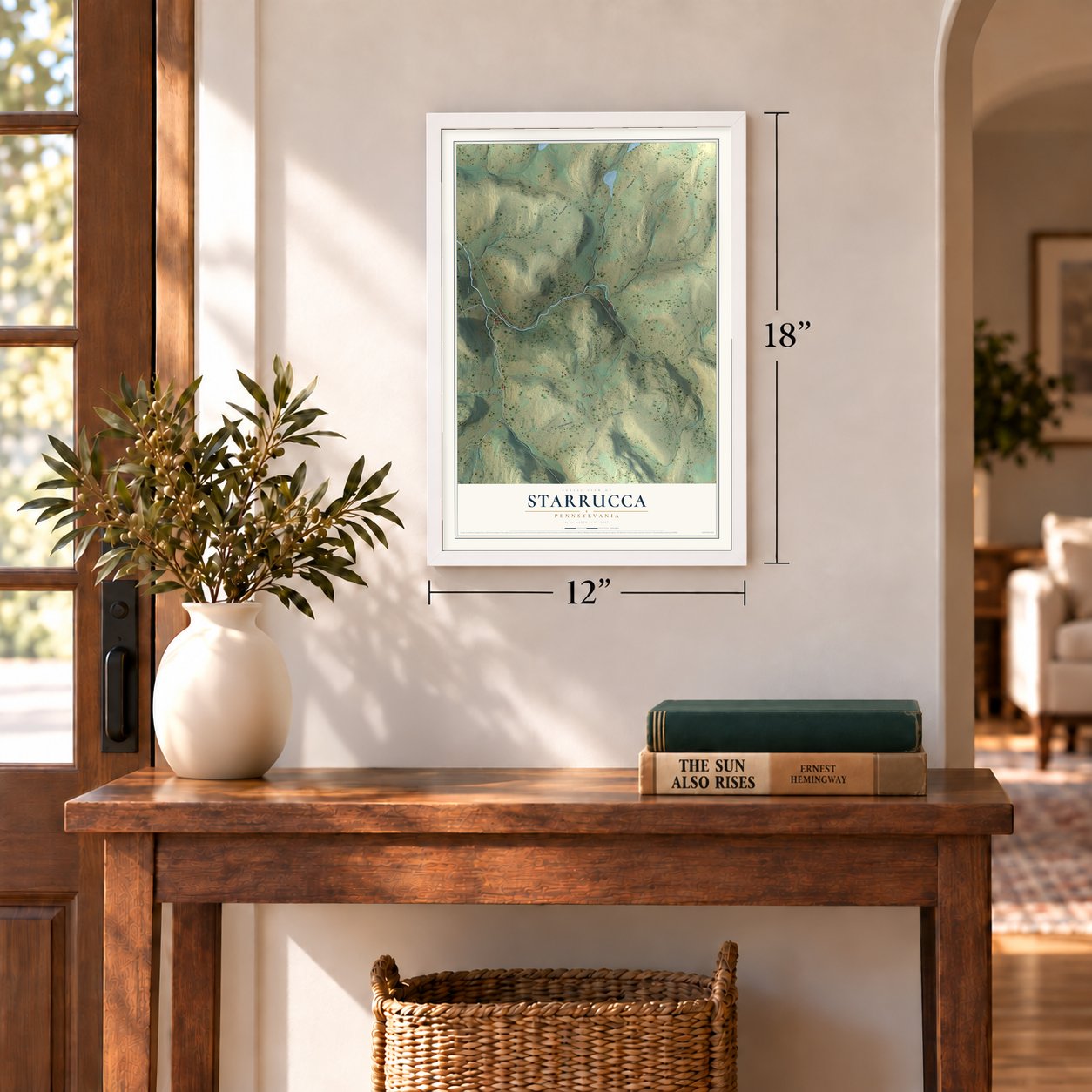 Starrucca, Pennsylvania map, 12 x 18 inch print in a white frame in an entryway